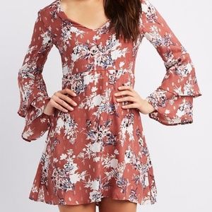 Floral double bell sleeve fit and flare dress